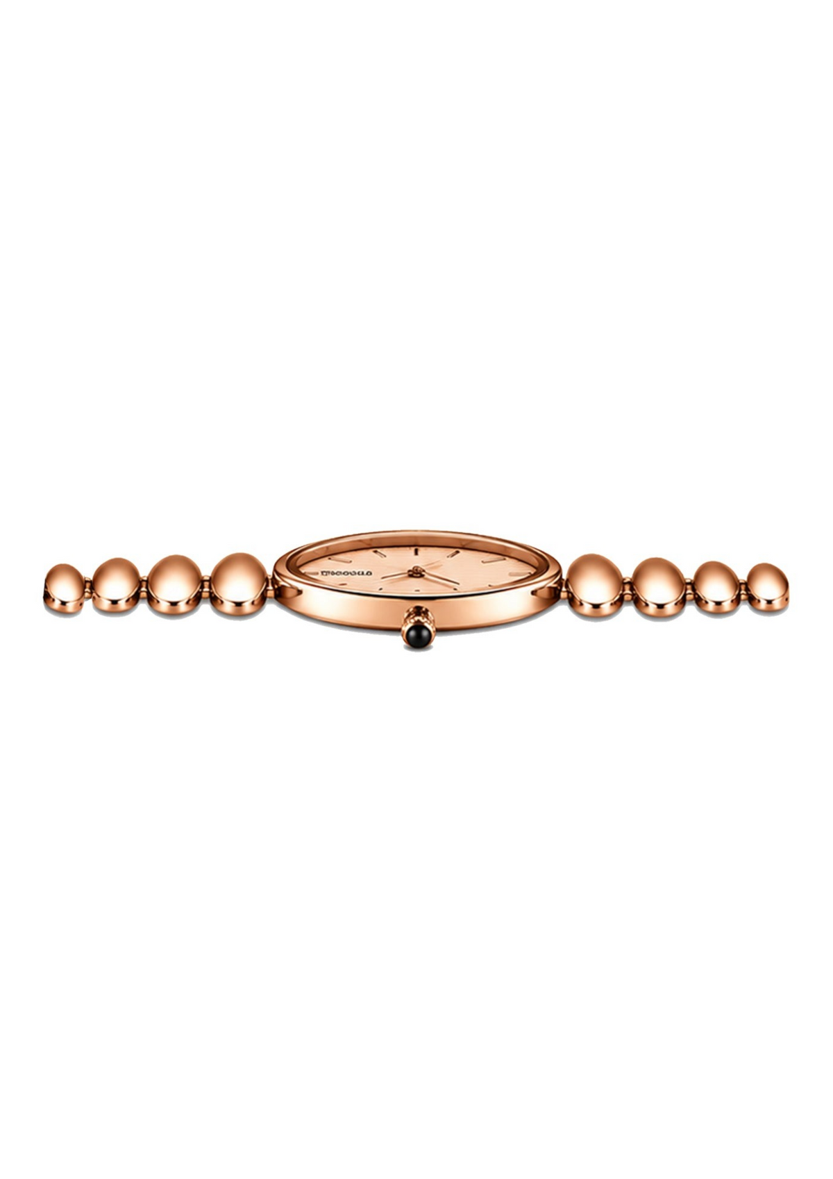 Labdhi Watches & Premium Time Gold oval watch with a champagne sunray dial and polished gold-tone bead bracelet.