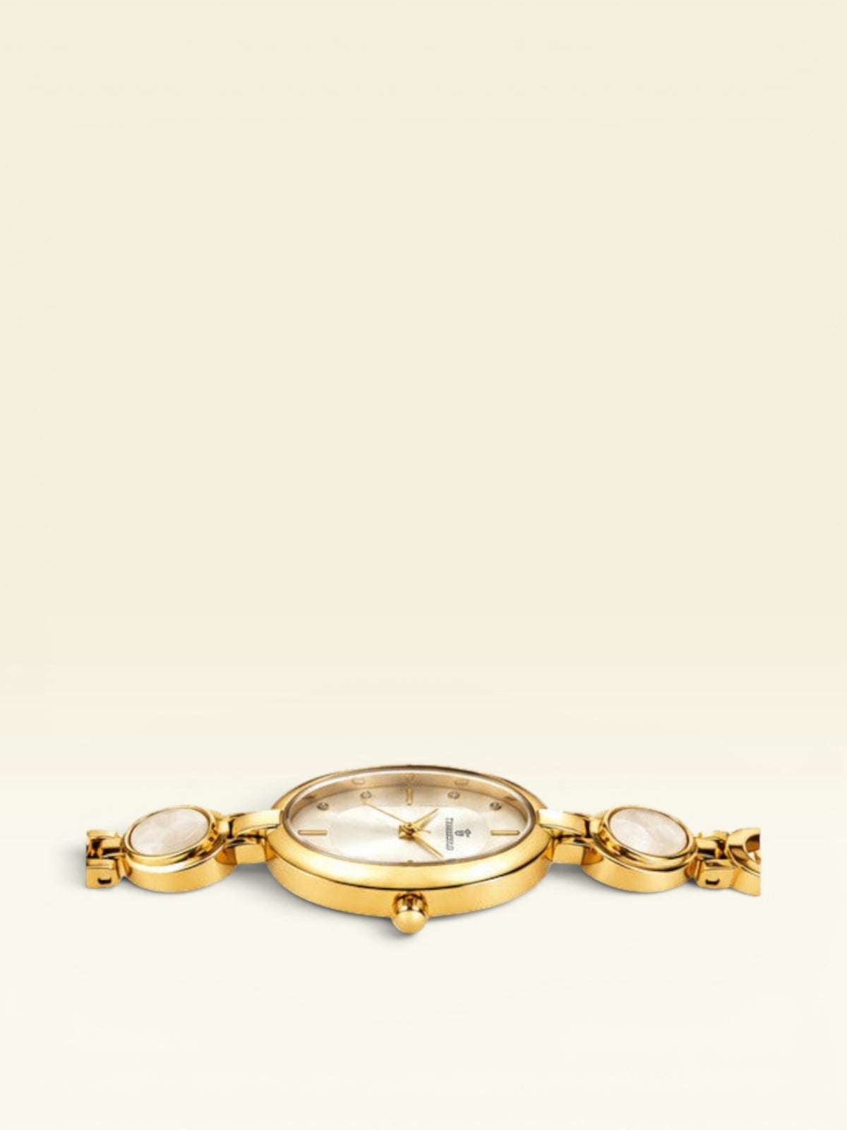 Labdhi Watches & Premium TimeGold women's gold-tone watch with oval accents and a minimalist dial, side view.
