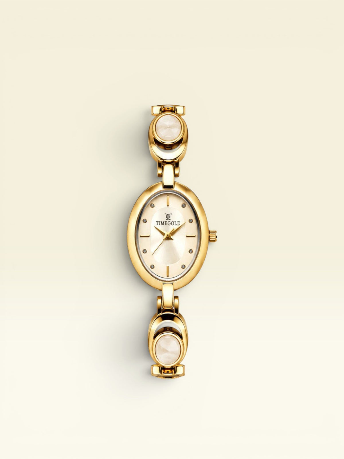 Labdhi Watches & Premium TimeGold women's gold-tone watch with an oval dial and decorative jewelry-inspired bracelet.