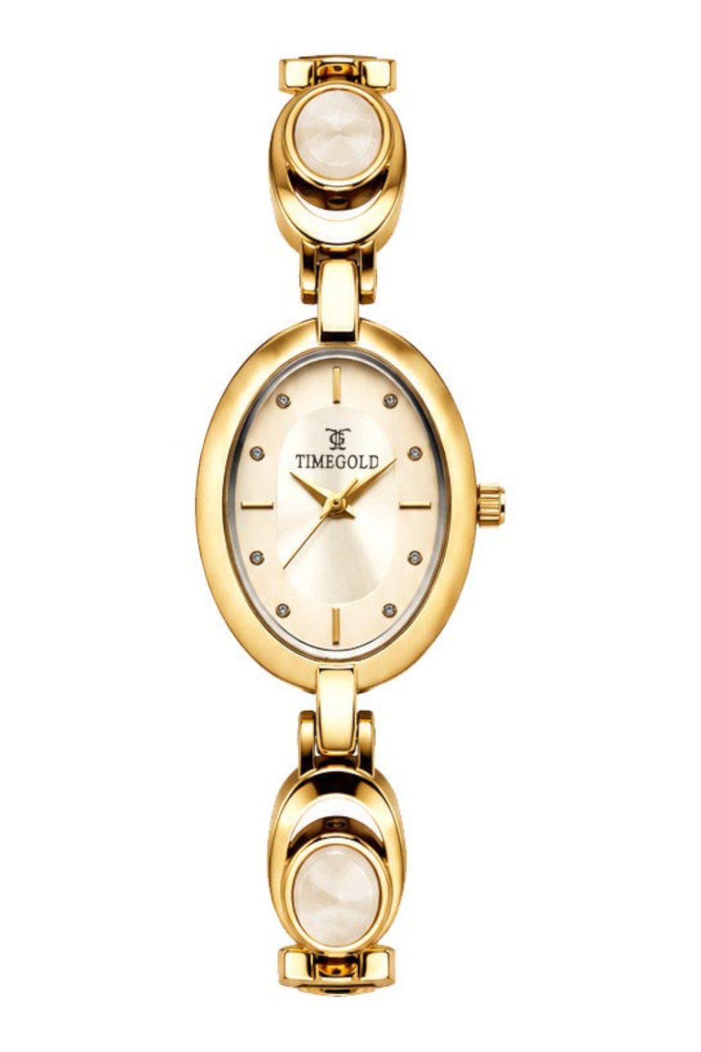 Labdhi Watches & Premium TimeGold women's gold-tone watch with an oval dial and decorative jewelry-inspired bracelet.