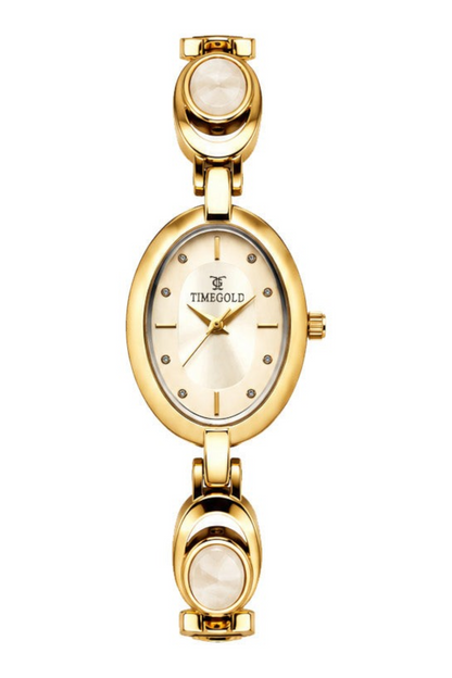 Labdhi Watches & Premium TimeGold women's gold-tone watch with an oval dial and decorative jewelry-inspired bracelet.