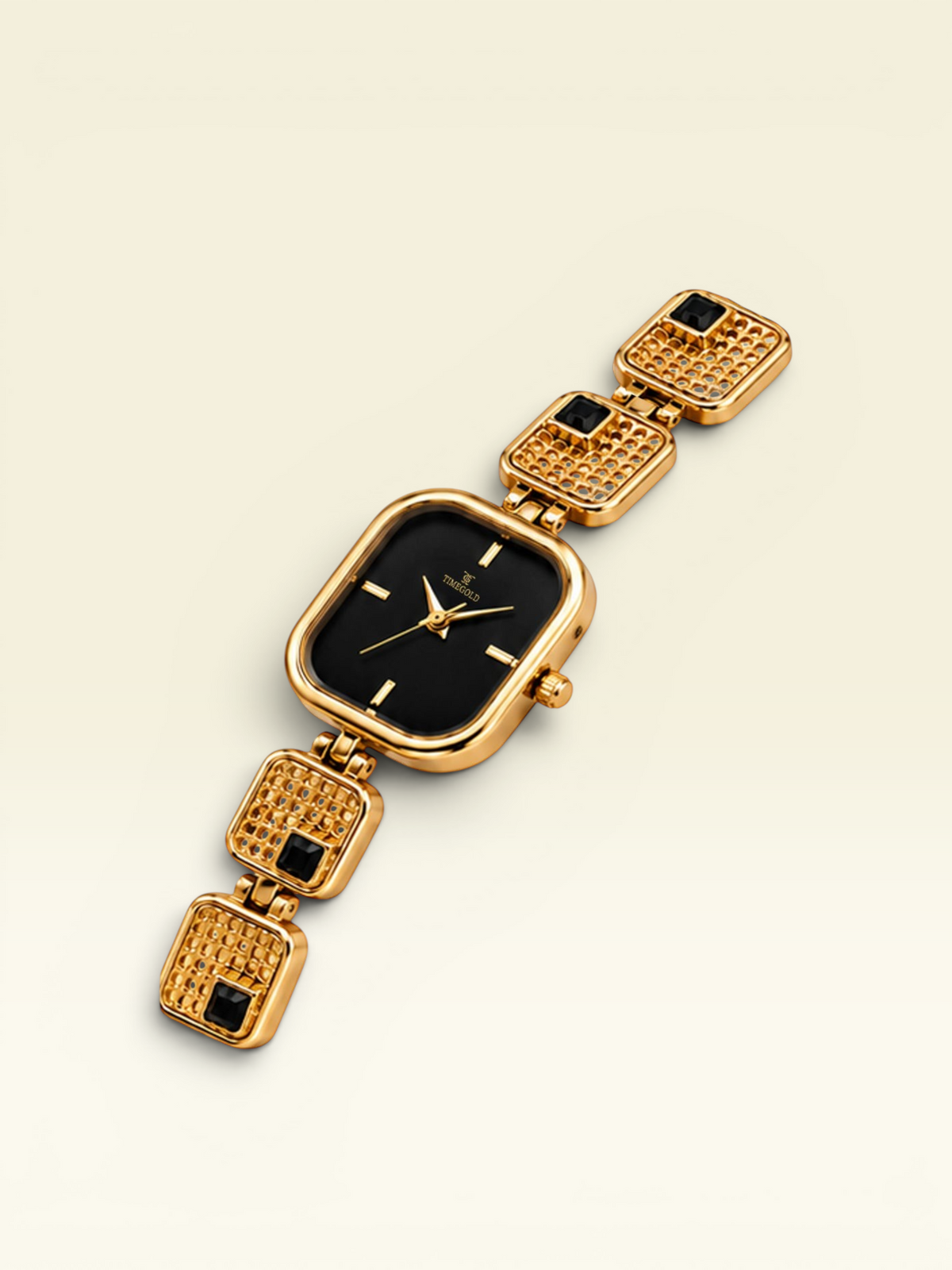 Labdhi Watches & Premium Time Gold square watch with a black dial, gold-tone mesh bracelet, and black jewel accents.