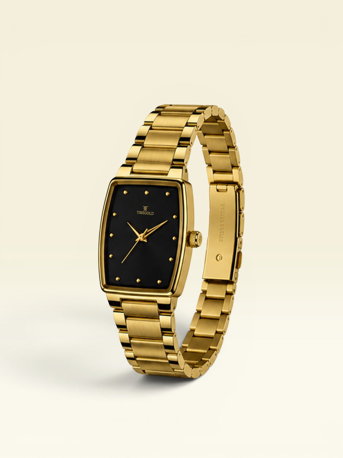 Labdhi Watches & Premium TimeGold Regal Curve watch with a gold stainless steel bracelet and black square dial.