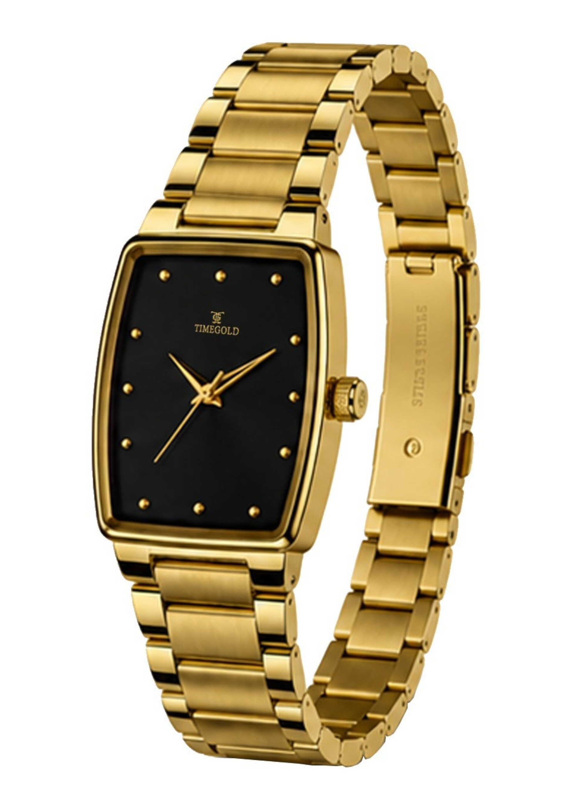 Labdhi Watches & Premium TimeGold Regal Curve watch with a gold stainless steel bracelet and black square dial.