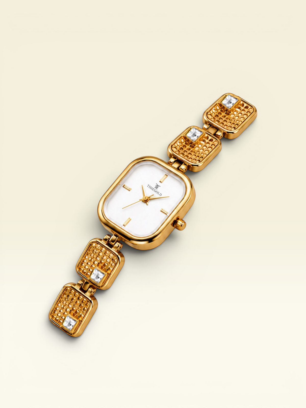 Labdhi Watches & Premium Time Gold Royale Gem watch with a white square dial and gold-tone textured link bracelet.