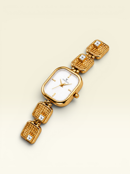 Labdhi Watches & Premium Time Gold Royale Gem watch with a white square dial and gold-tone textured link bracelet.