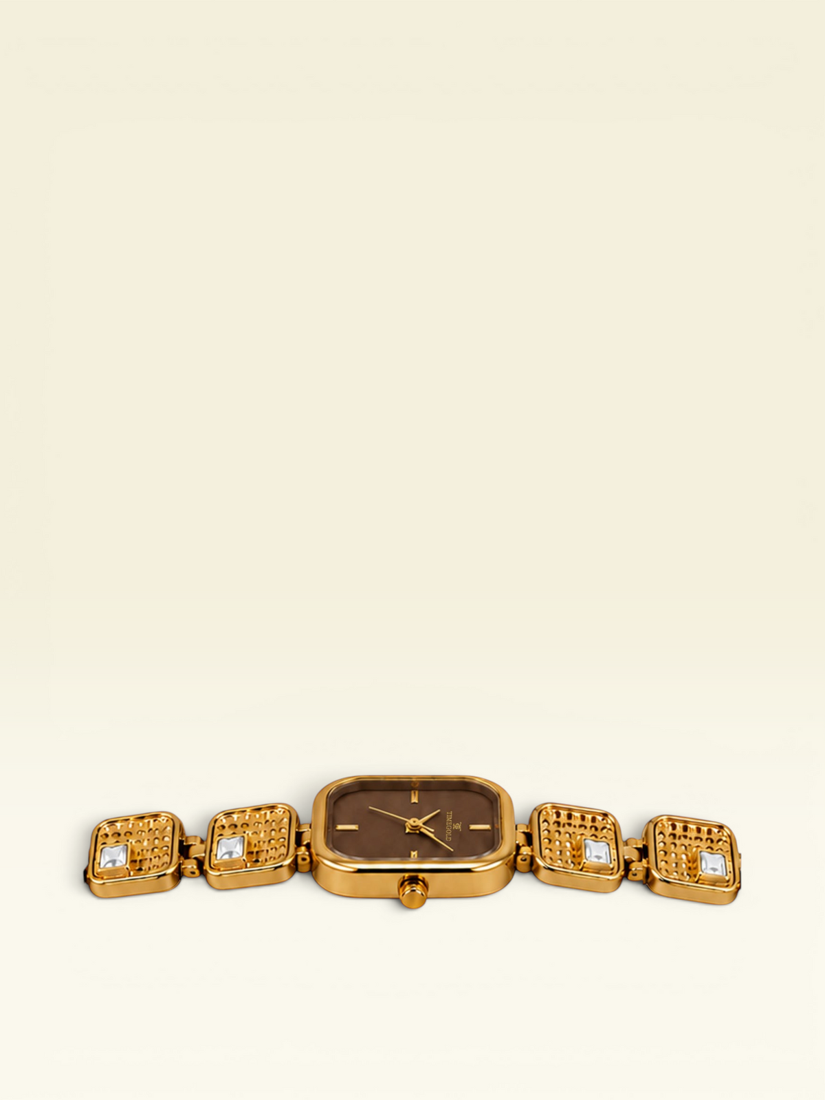Labdhi Watches & Premium Time Gold Royale Gem watch with a square brown dial and gold-tone crystal-accented bracelet.