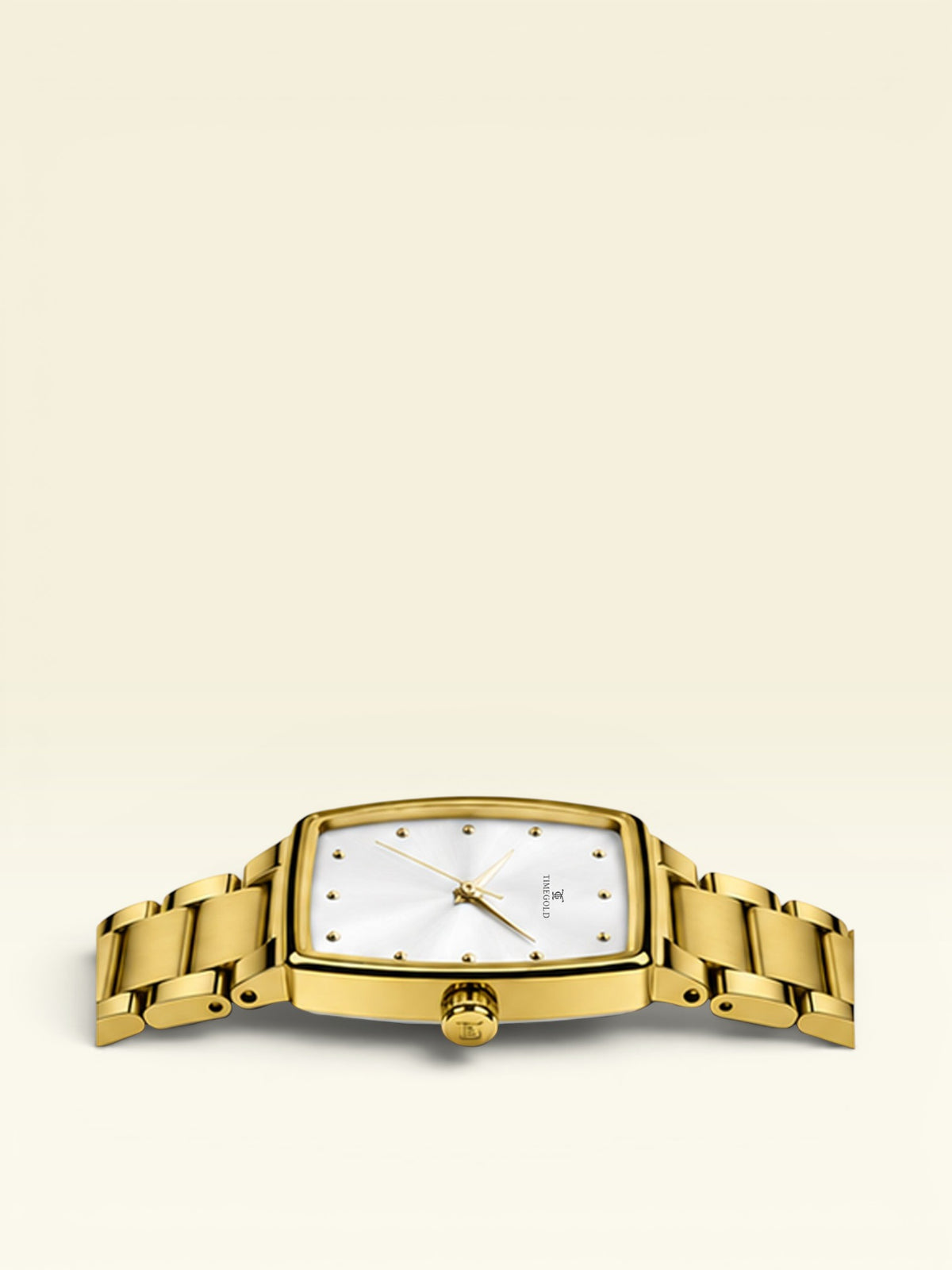 Labdhi Watches & Premium TimeGold TG-27-01 watch with a gold stainless steel bracelet and curved square silver dial.