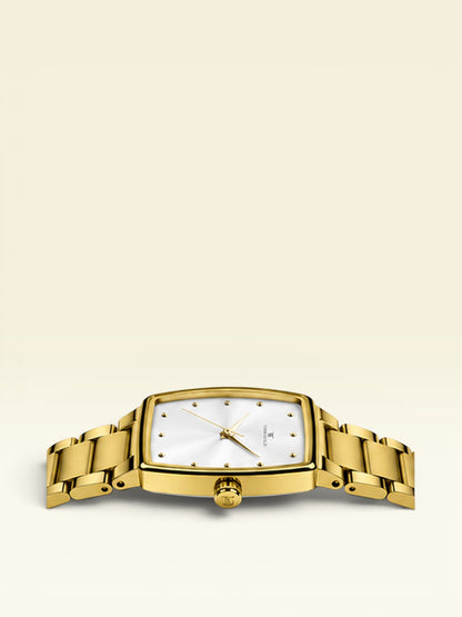 Labdhi Watches & Premium TimeGold TG-27-01 watch with a gold stainless steel bracelet and curved square silver dial.