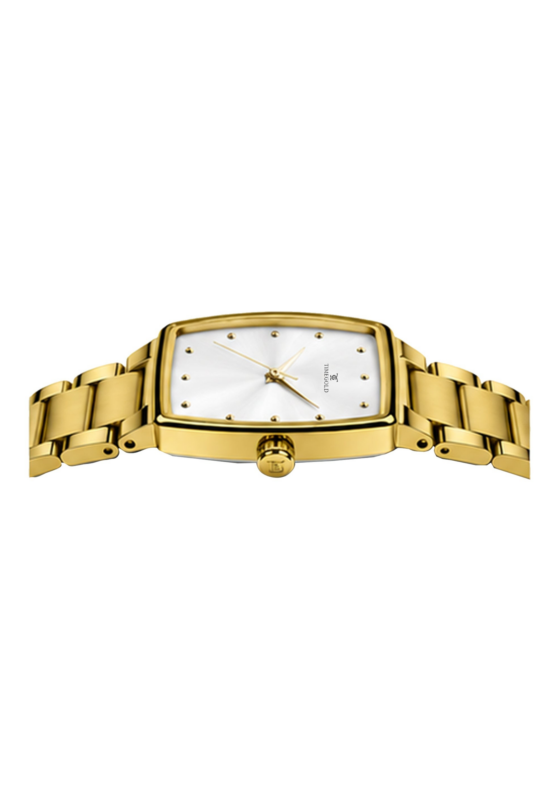 Labdhi Watches & Premium TimeGold TG-27-01 watch with a gold stainless steel bracelet and curved square silver dial.