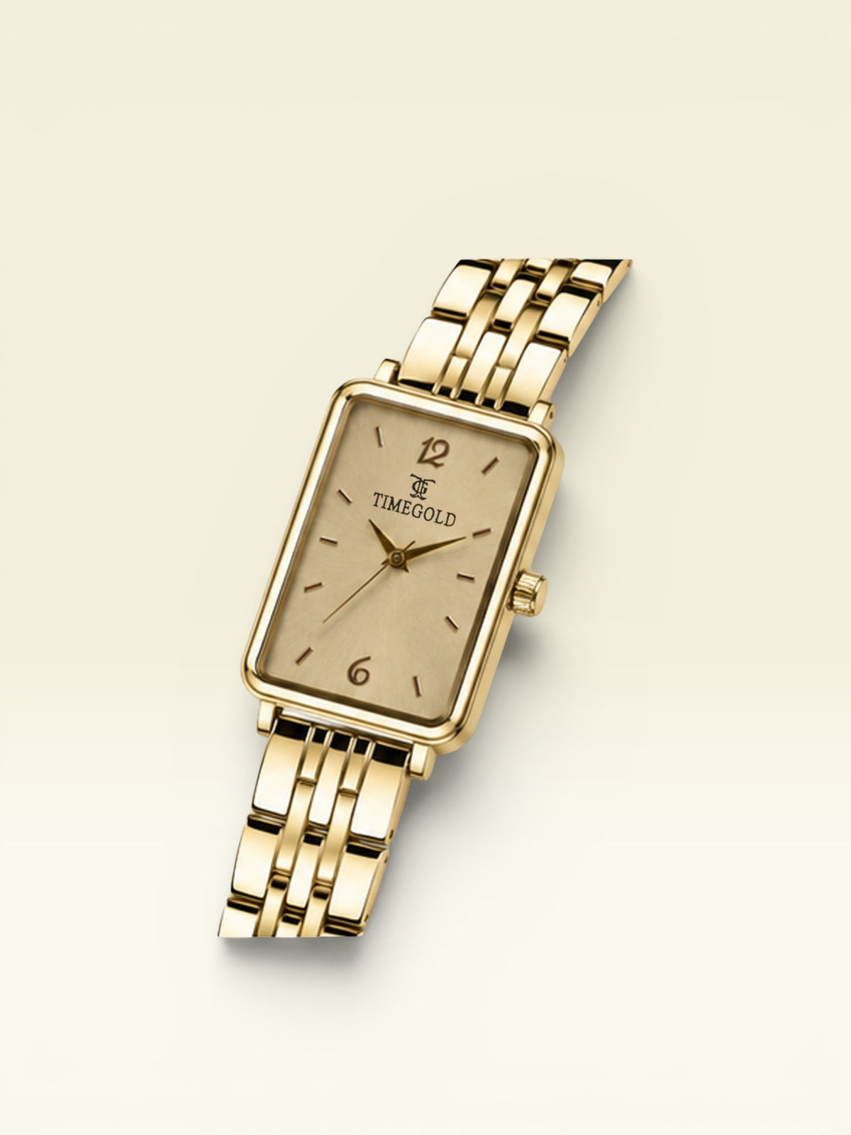 Labdhi Watches & Premium Time Gold square watch with a champagne gold dial and polished gold-tone metal link bracelet.