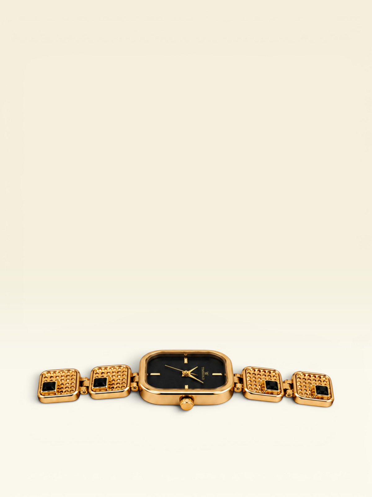 Labdhi Watches & Premium Time Gold square watch with a black dial and gold-tone textured link bracelet.