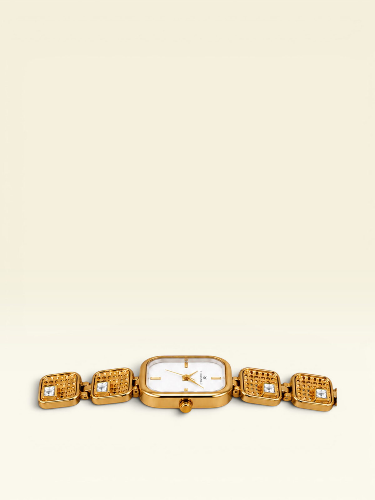 Labdhi Watches & Premium Time Gold square watch with a gold-tone bracelet, white dial, and crystal accents.