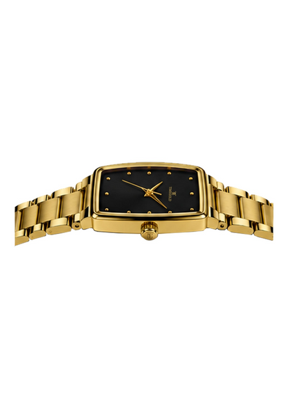 Labdhi Watches & Premium TimeGold TG-27-02 watch with a black sunburst dial and gold curved-square case and bracelet