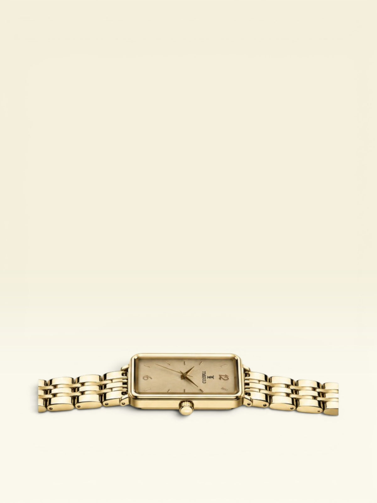 Labdhi Watches & Premium Time Gold square watch with a champagne gold dial and polished gold-tone metal bracelet.