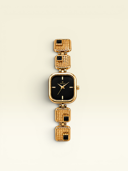Labdhi Watches & Premium Time Gold square watch with black dial, gold textured bracelet, and black jewel accents.