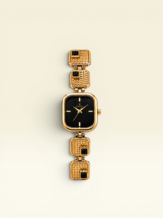 Labdhi Watches & Premium Time Gold square watch with black dial, gold textured bracelet, and black jewel accents.