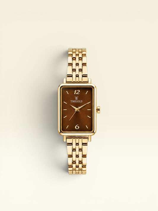 Labdhi Watches & Premium Time Gold square watch with a brown dial and polished gold-tone metal link bracelet.
