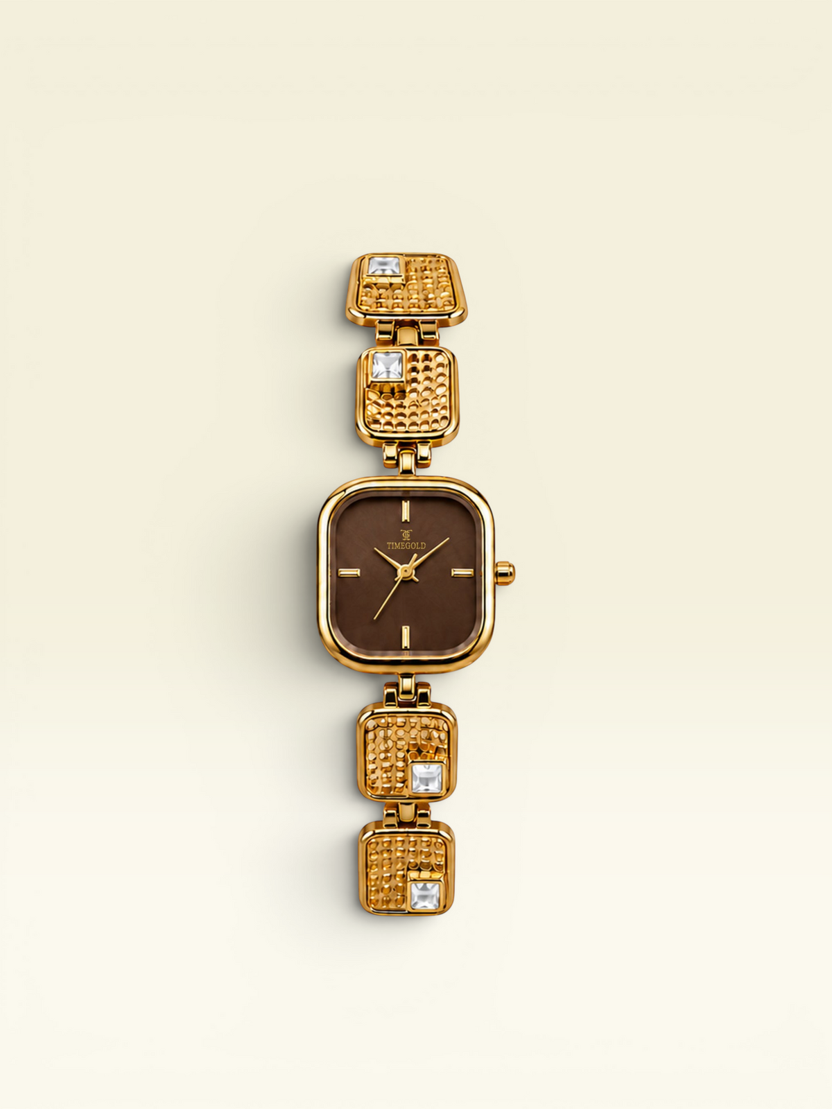 Labdhi Watches & Premium Time Gold Royale Gem watch with a brown square dial and textured gold-tone crystal bracelet
