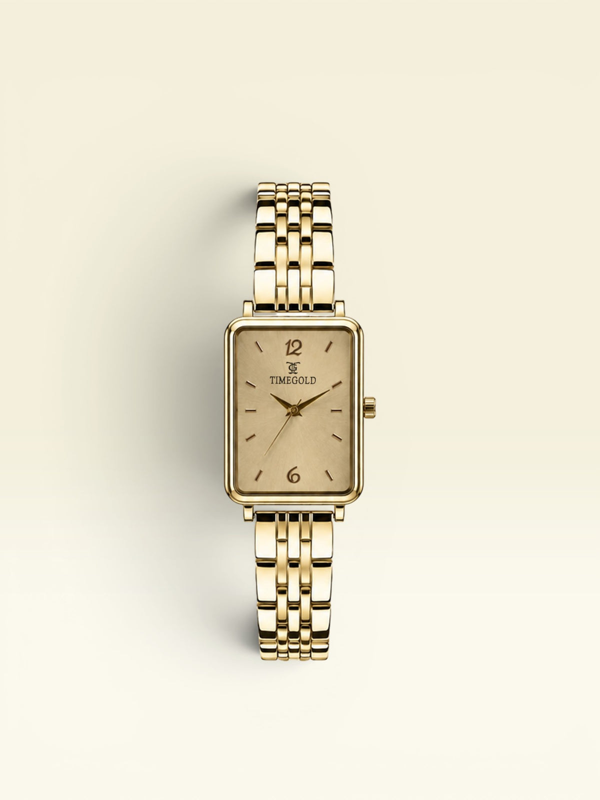 Labdhi Watches & Premium Time Gold square watch with a champagne gold dial and polished gold-tone metal bracelet.