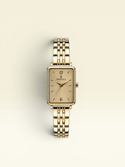 Labdhi Watches & Premium Time Gold square watch with a champagne gold dial and polished gold-tone metal bracelet.