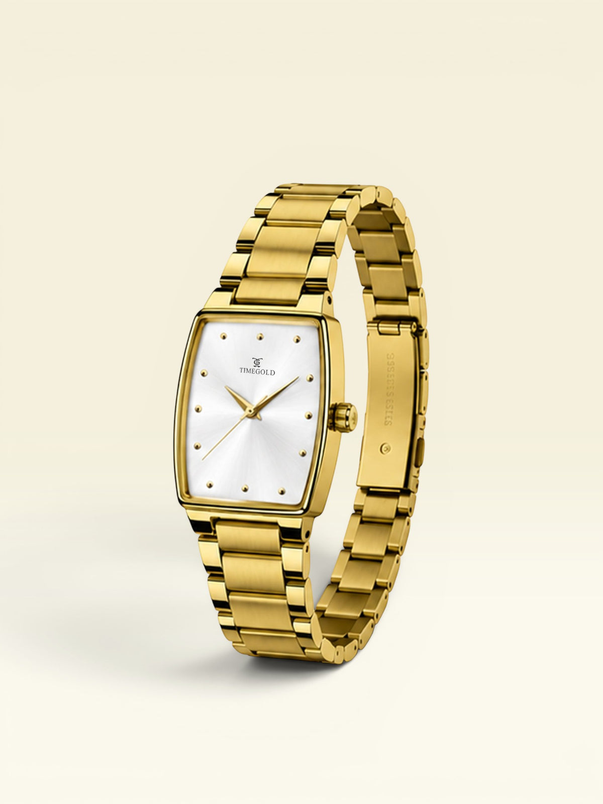 Labdhi Watches & Premium TimeGold TG-27-01 watch with a gold stainless steel bracelet and curved square silver dial.