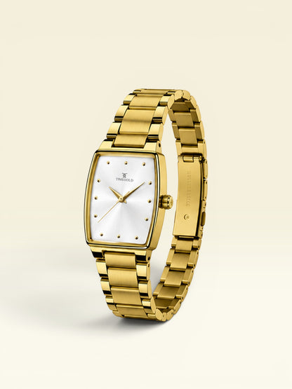 Labdhi Watches & Premium TimeGold TG-27-01 watch with a gold stainless steel bracelet and curved square silver dial.