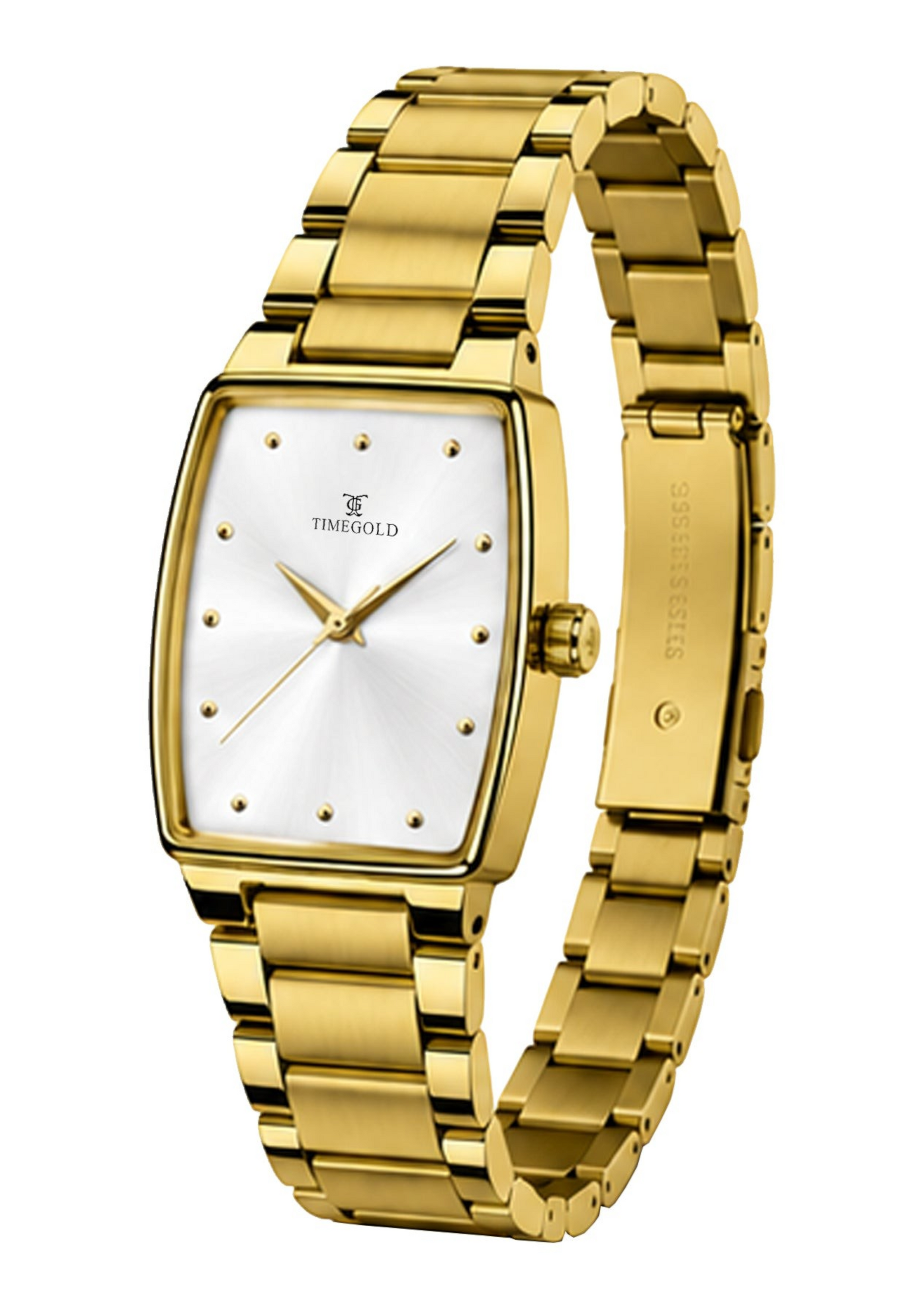Labdhi Watches & Premium TimeGold TG-27-01 watch with a gold stainless steel bracelet and curved square silver dial.