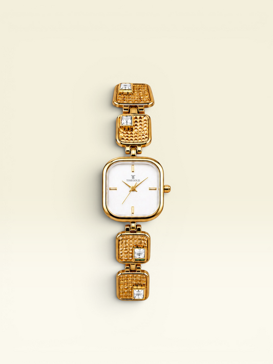 Labdhi Watches & Premium Time Gold Royale Gem watch with a square white dial and gold-tone textured link bracelet.