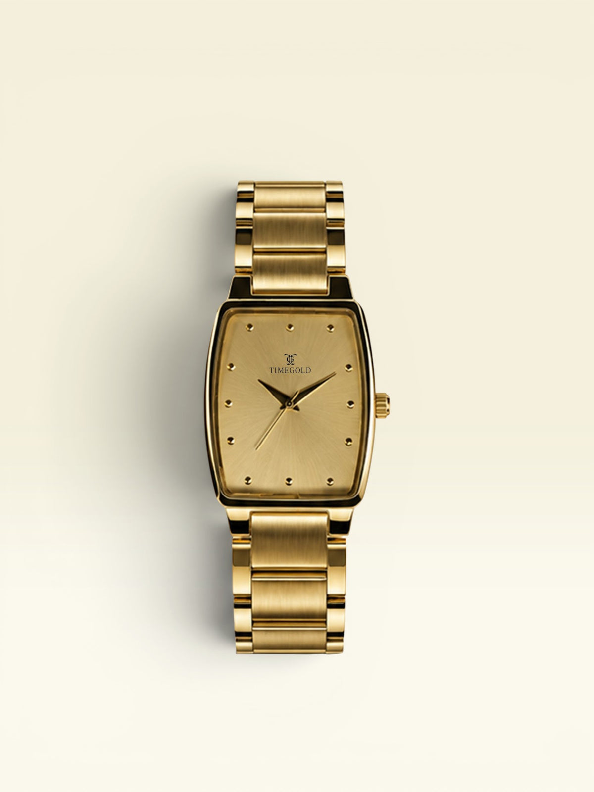 Labdhi Watches & Premium TimeGold TG-27-03 gold-tone stainless steel watch with a curved-square case and sunburst dial.