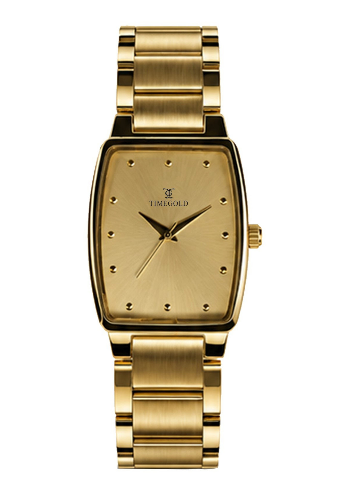 Labdhi Watches & Premium TimeGold TG-27-03 gold-tone stainless steel watch with a curved-square case and sunburst dial.