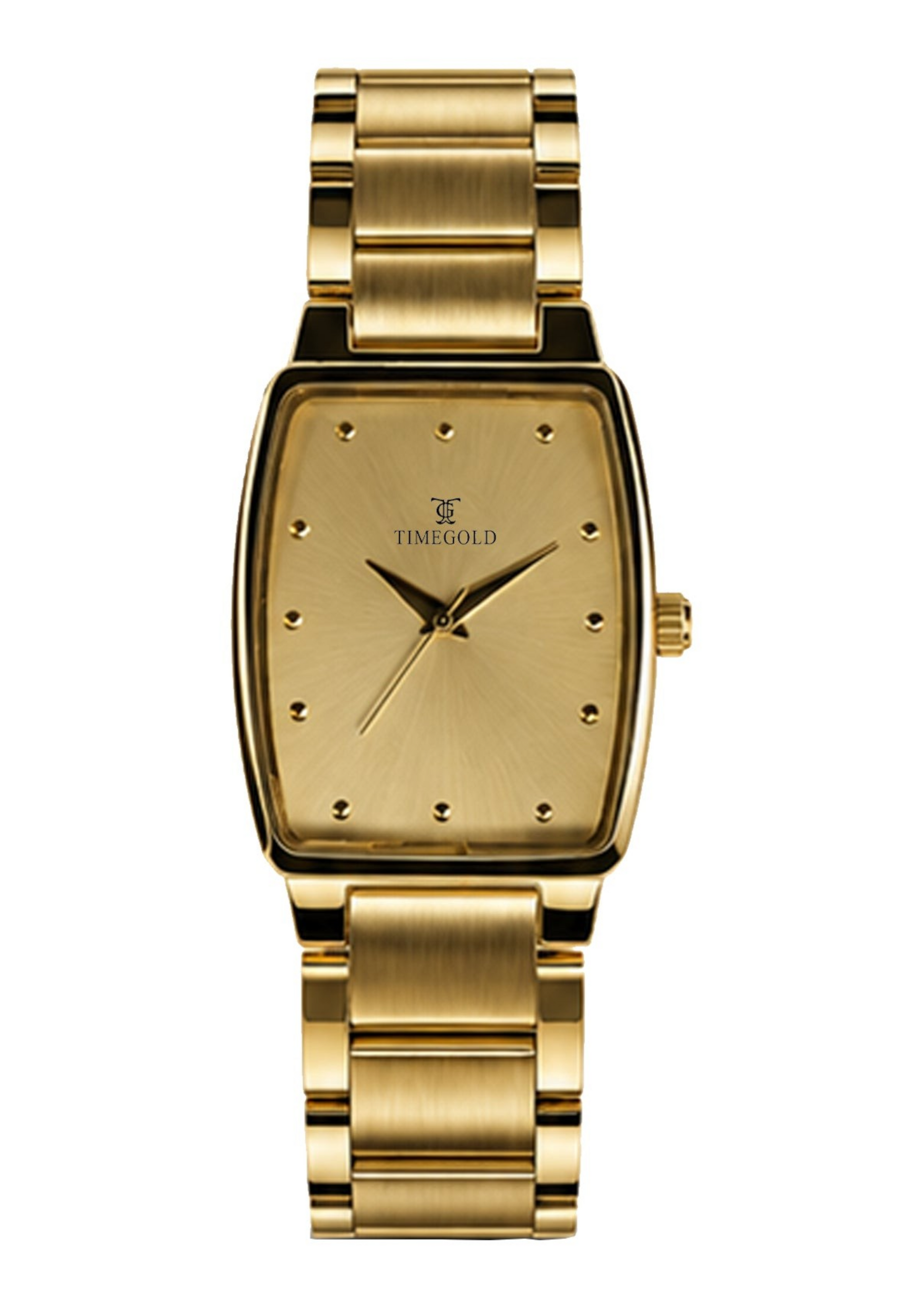 Labdhi Watches & Premium TimeGold TG-27-03 gold-tone stainless steel watch with a curved-square case and sunburst dial.