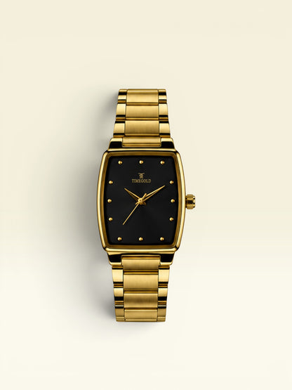 Labdhi Watches & Premium TimeGold TG-27-02 watch with a gold stainless steel bracelet and black curved-square dial.