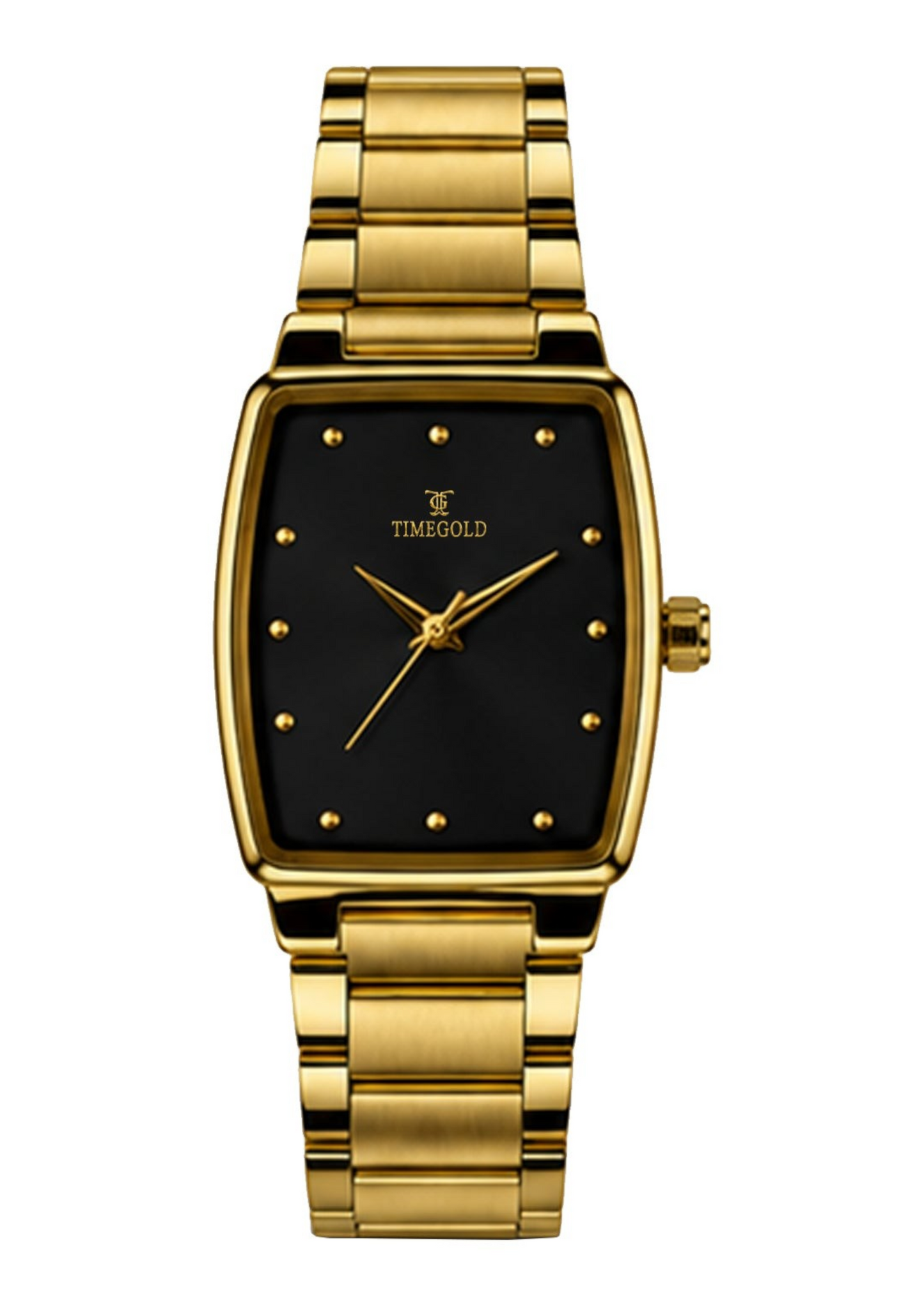 Labdhi Watches & Premium TimeGold TG-27-02 watch with a gold stainless steel bracelet and black curved-square dial.