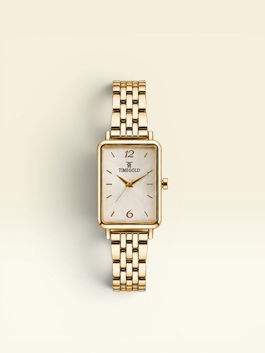 Labdhi Watches & Premium Time Gold square watch with a champagne gold dial and polished gold-tone link bracelet.