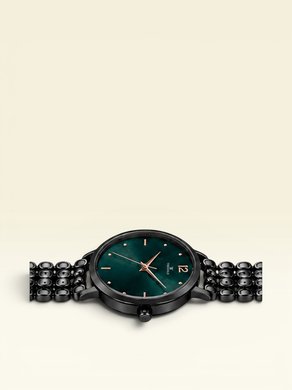 Labdhi Watches & Premium Time Gold watch with a dark green sunburst dial, black stainless steel bracelet, and gold hands.