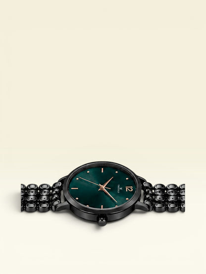 Labdhi Watches & Premium Time Gold watch with a dark green sunburst dial, black stainless steel bracelet, and gold hands.
