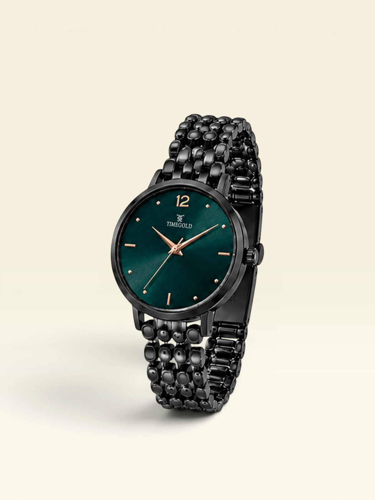 Labdhi Watches & Premium Time Gold watch with a green sunburst dial, black stainless-steel bracelet, and gold accents.