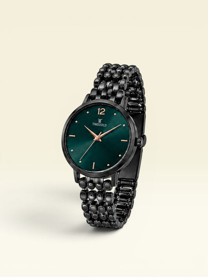 Labdhi Watches & Premium Time Gold watch with a green sunburst dial, black stainless-steel bracelet, and gold accents.