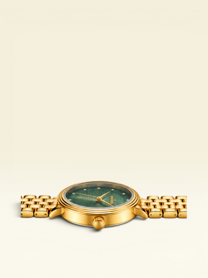 Labdhi Watches & Premium Time Gold Celestia Royale watch with a green guilloché dial and gold-tone bracelet.