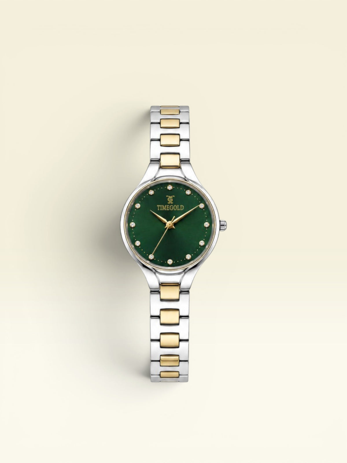 Labdhi Watches & Premium Time Gold Aurelia Grace watch with a green sunray dial, crystal markers, and two-tone bracelet.