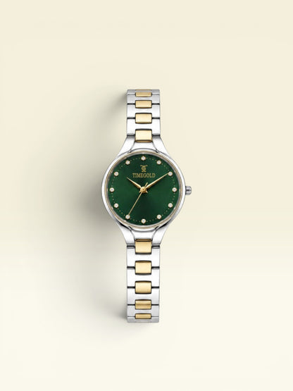 Labdhi Watches & Premium Time Gold Aurelia Grace watch with a green sunray dial, crystal markers, and two-tone bracelet.