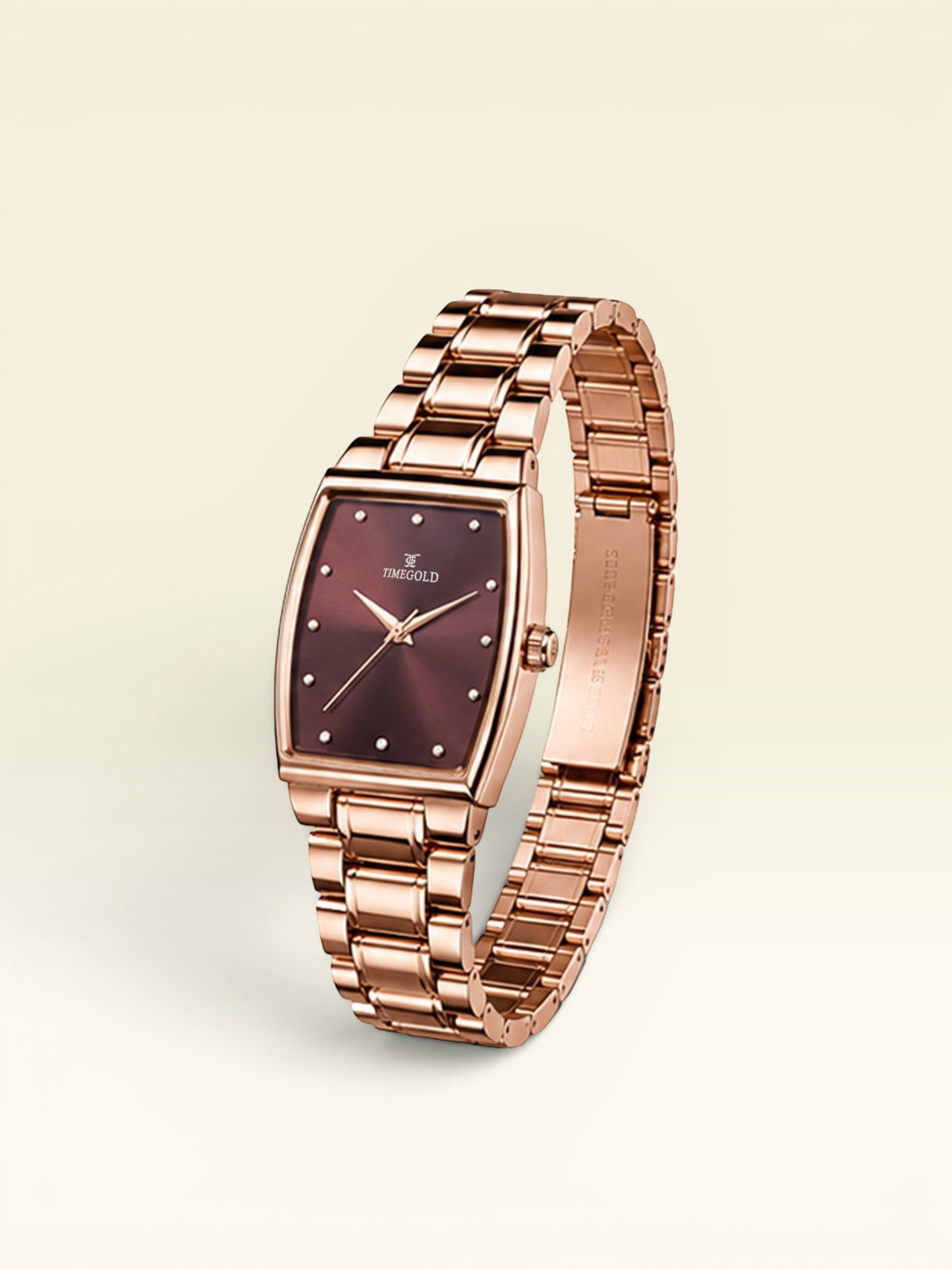 Labdhi Watches & Premium TimeGold TG-16-01 watch with a rose gold stainless steel bracelet and curved square dial.
