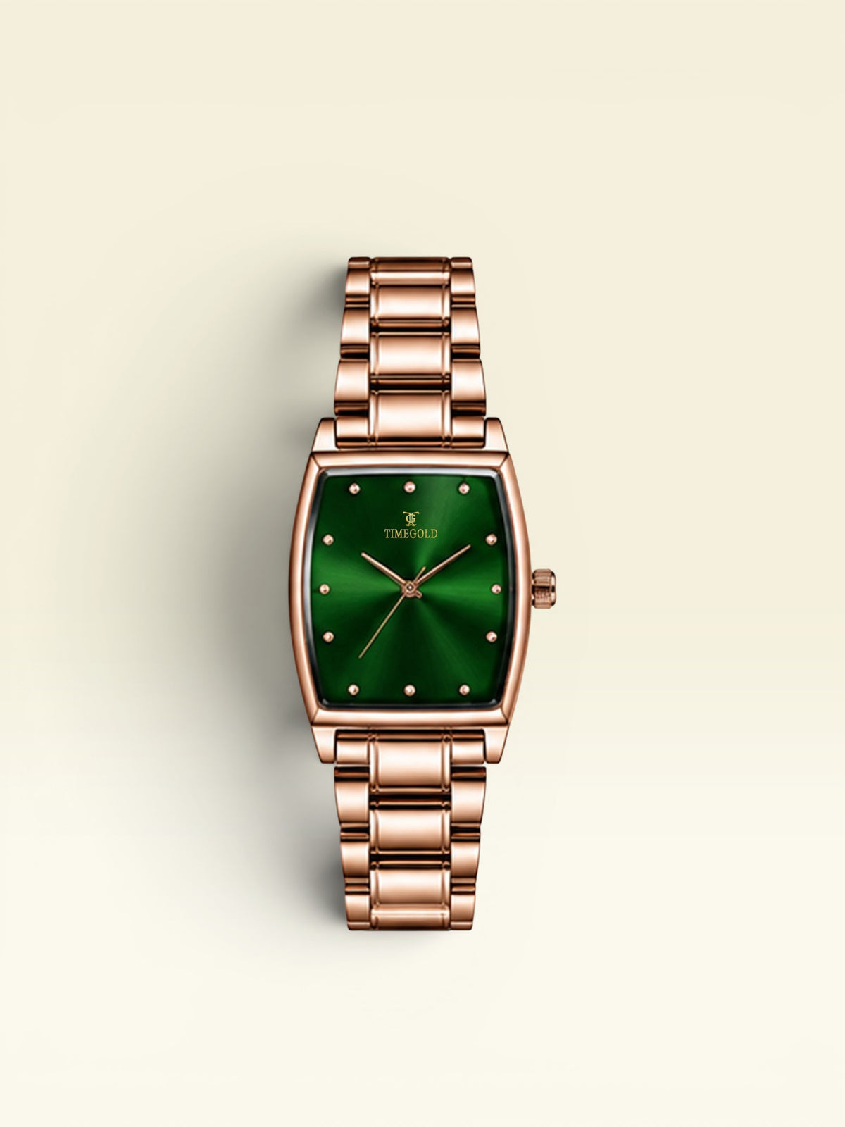 Labdhi Watches & Premium TimeGold Regal Curve watch with a green sunburst dial and rose gold stainless steel bracelet.