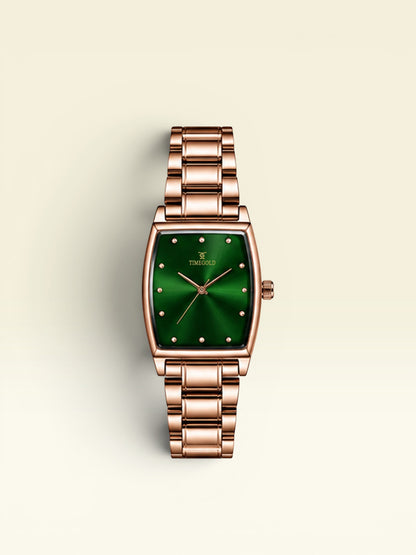 Labdhi Watches & Premium TimeGold Regal Curve watch with a green sunburst dial and rose gold stainless steel bracelet.
