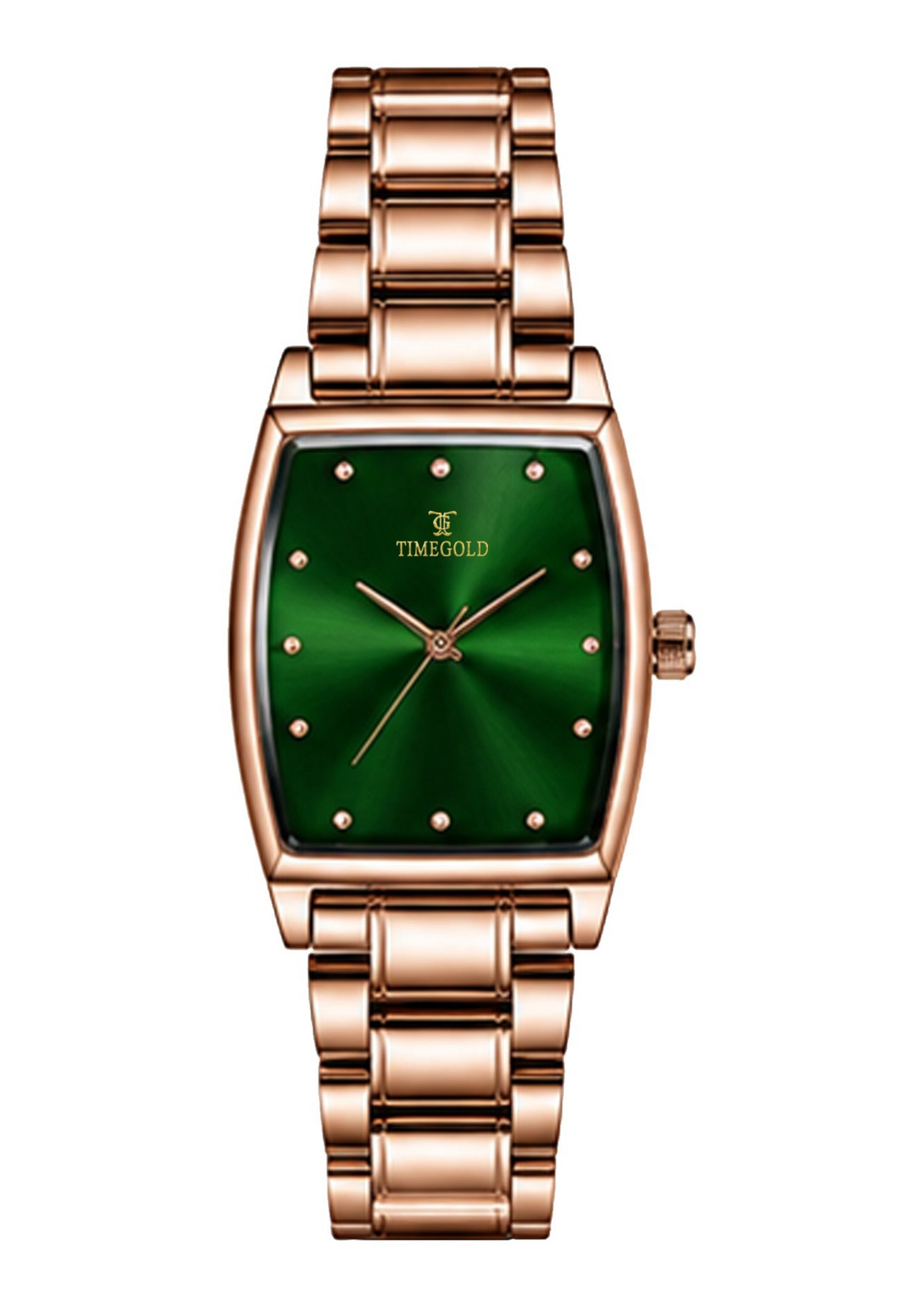 Labdhi Watches & Premium TimeGold Regal Curve watch with a green sunburst dial and rose gold stainless steel bracelet.