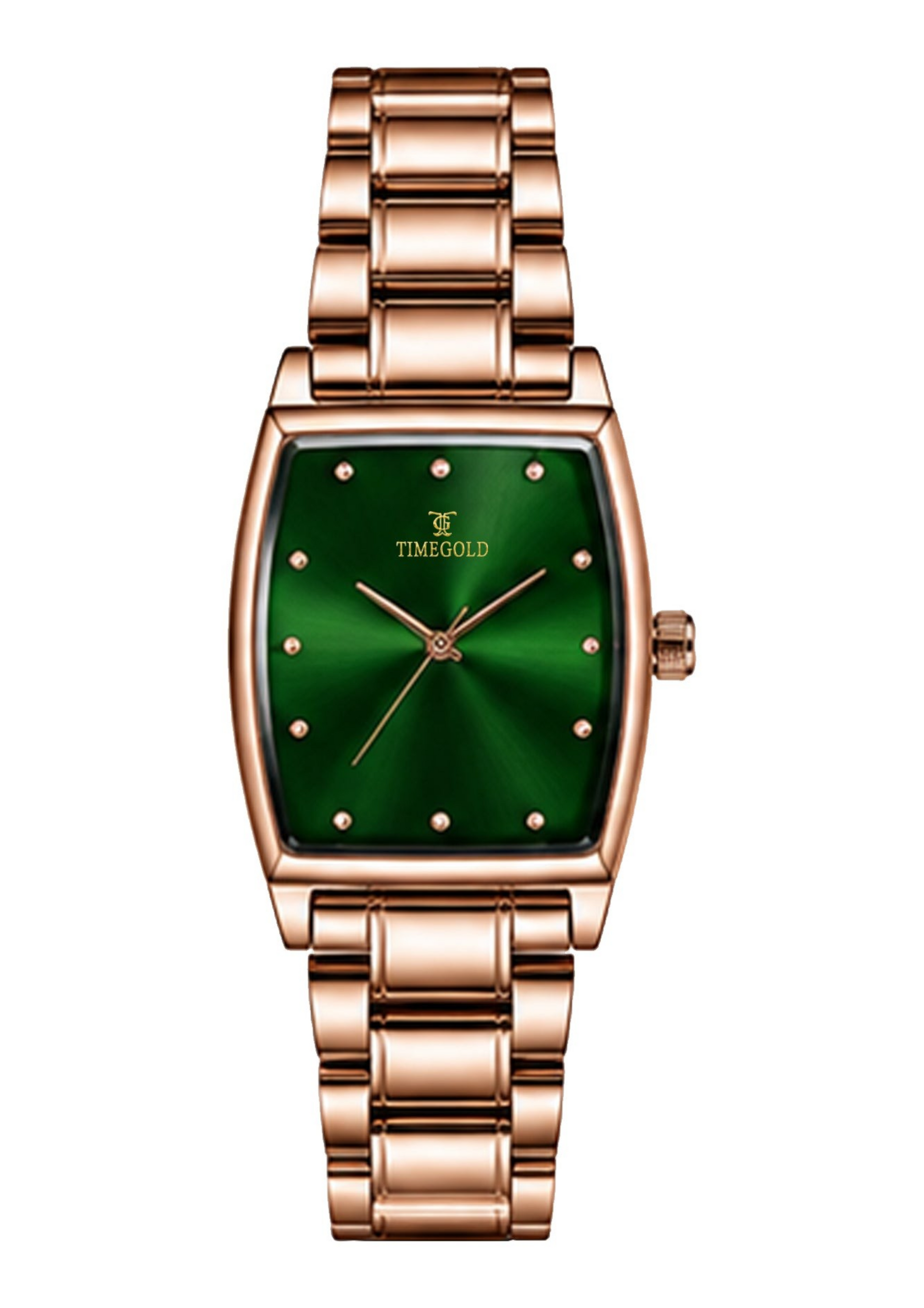 Labdhi Watches & Premium TimeGold Regal Curve watch with a green sunburst dial and rose gold stainless steel bracelet.