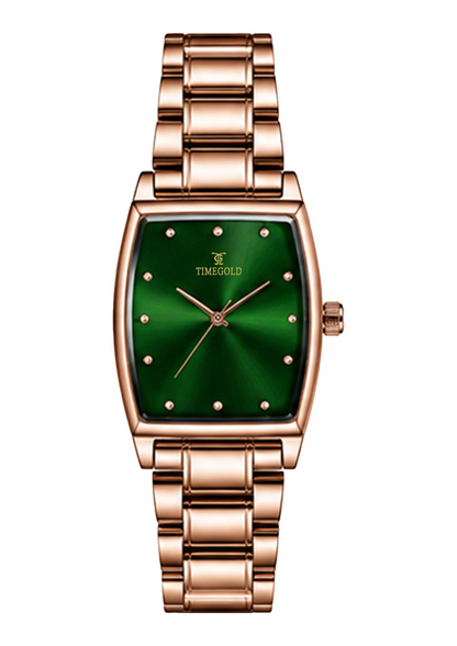Labdhi Watches & Premium TimeGold Regal Curve watch with a green sunburst dial and rose gold stainless steel bracelet.