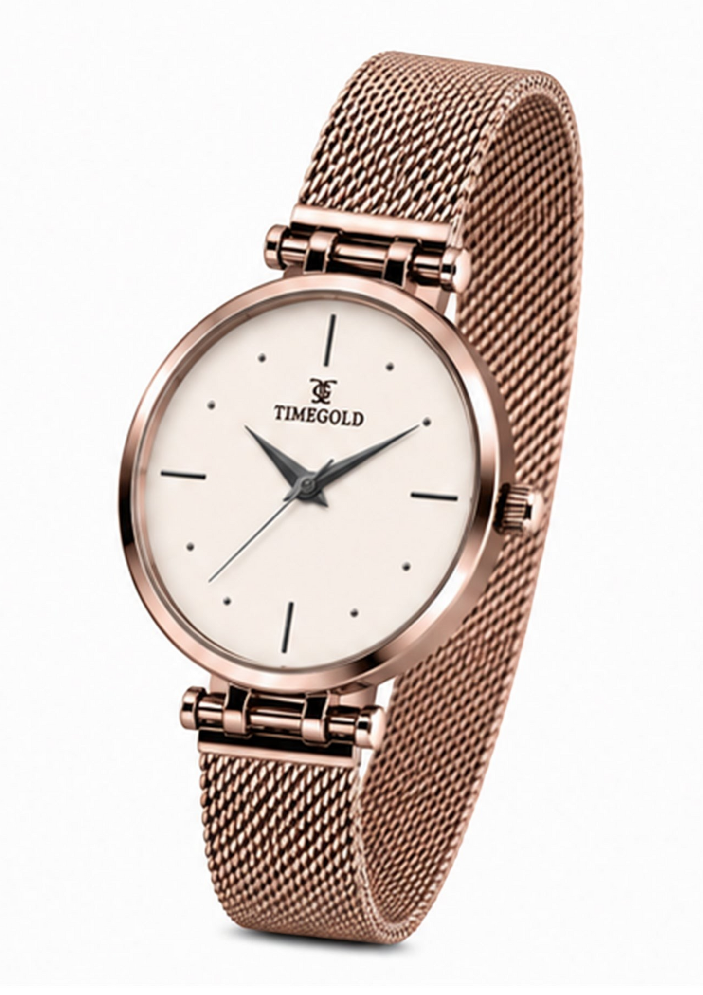 Labdhi Watches & Premium TimeGold Aurora watch with a round white dial and rose gold mesh bracelet