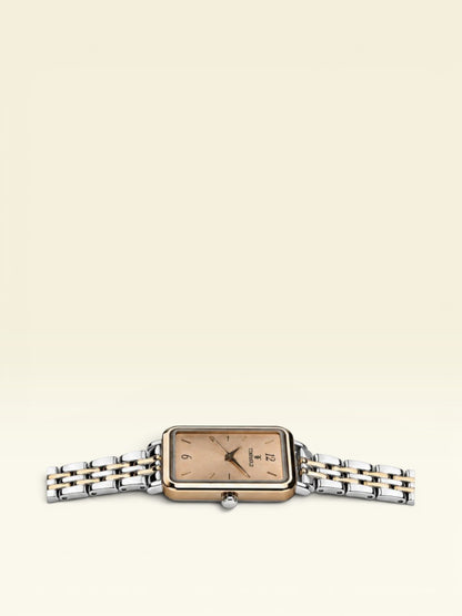 Labdhi Watches & Premium Time Gold square watch with a champagne dial and two-tone silver and gold metal bracelet.